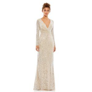 Mac Duggal Sequined Faux Wrap Long Sleeve Column Gown in Nude Silver Size 4